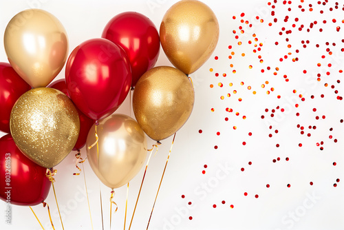 Golden and red balloons with sparkling confetti on white