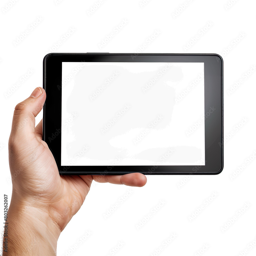 Hand-holding tablet PC and touching on screen isolated on a transparent background 
