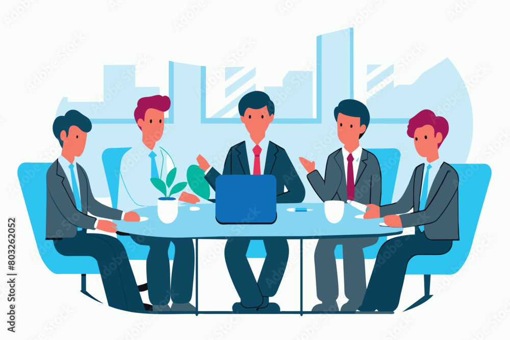 Four businesspeople discussing around a table with laptop and plant Four businesspeople discussing around a table with laptop and plant