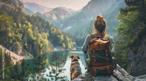 girl sitting on a rock with a dog looking at a mountain lake