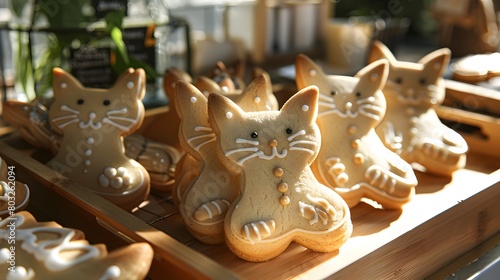 Whimsical Cat Shaped Cookies on Wooden Tray in Sunlit Bakery Counter