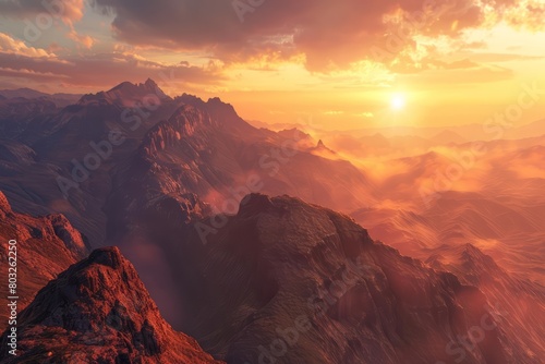 A beautiful landscape of a mountain range at sunset. The sky is a deep orange and the sun is setting behind the mountains. The mountains are covered in snow.
