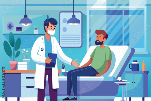 A doctor speaks to a patient sitting on an exam table in a clinic