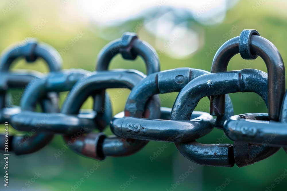 Naklejka premium Detailed close up of a chain link fence with blurred trees in the background