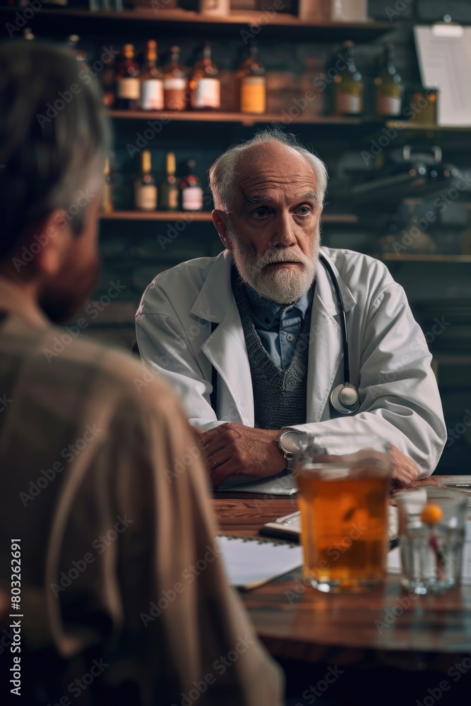 A man in a lab coat sitting at a table. Perfect for scientific and research concepts