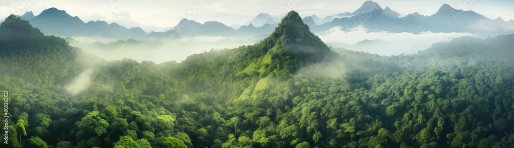 Mystical Forestscape: Foggy Atmosphere Blankets Lush Green Trees Under Cloudy Sky