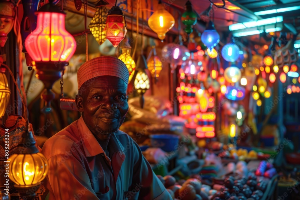 Obraz premium A man sitting in front of a colorful display of lanterns. Perfect for festive event promotions