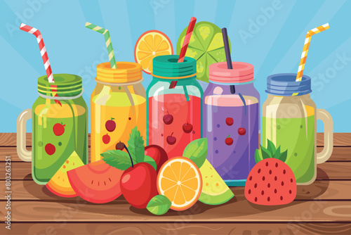 Assorted fruit smoothies with straws, berries, and citrus slices