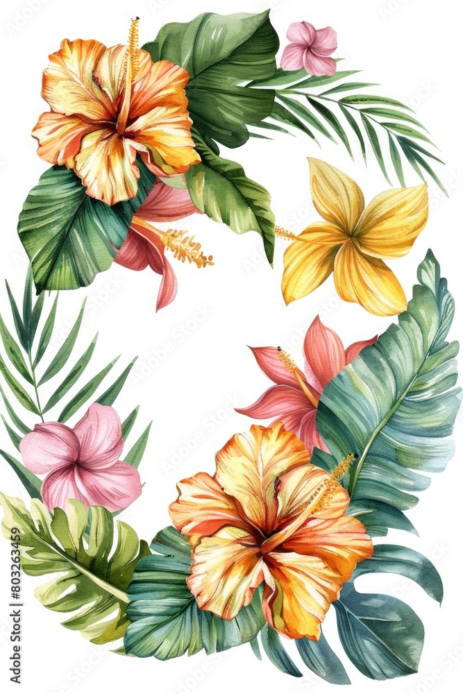 A beautiful wreath made of tropical flowers and leaves. Perfect for summer designs A beautiful wreath made of tropical flowers and leaves. Perfect for summer designs