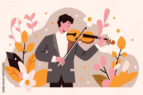 A musician plays the violin surrounded by flowers