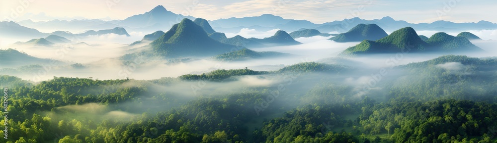 Fog-Enveloped Forest Creates a Serene Atmosphere Amidst Lush Greenery Fog-Enveloped Forest Creates a Serene Atmosphere Amidst Lush Greenery