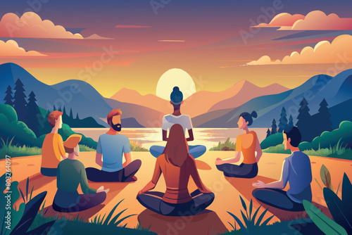 A tranquil scene of a group meditating outdoors as the sun rises over mountains