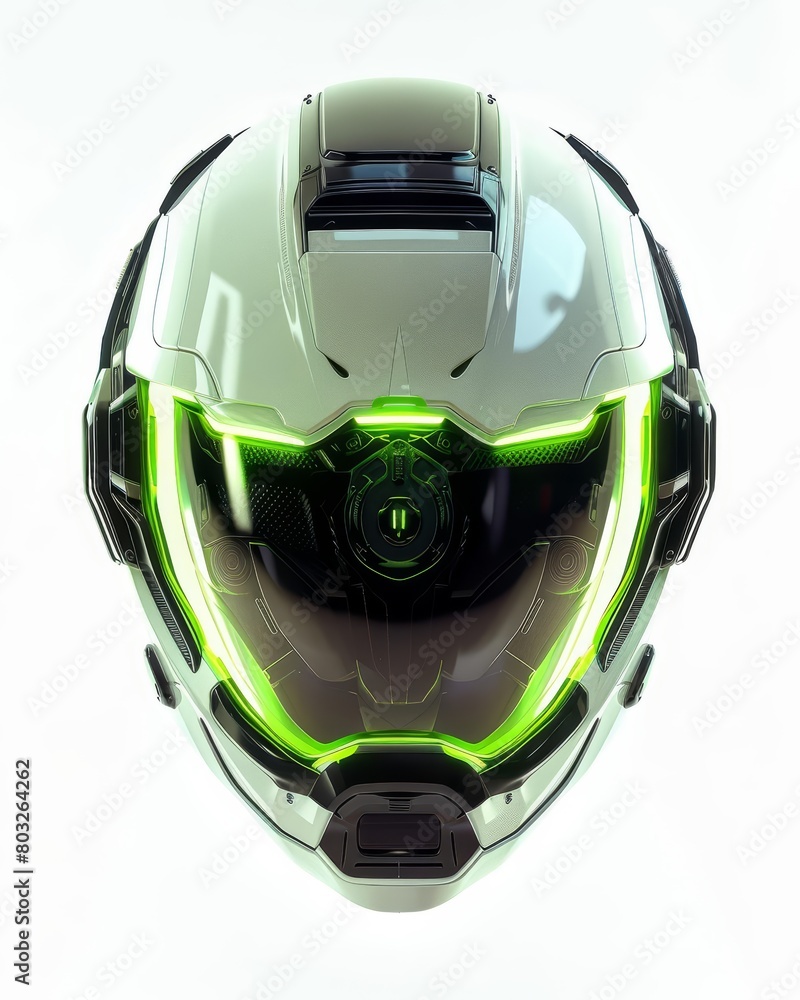 Fototapeta premium Design a futuristic helmet with a visor that can be opened and closed. The helmet should be white and green, with a sleek, aerodynamic design.