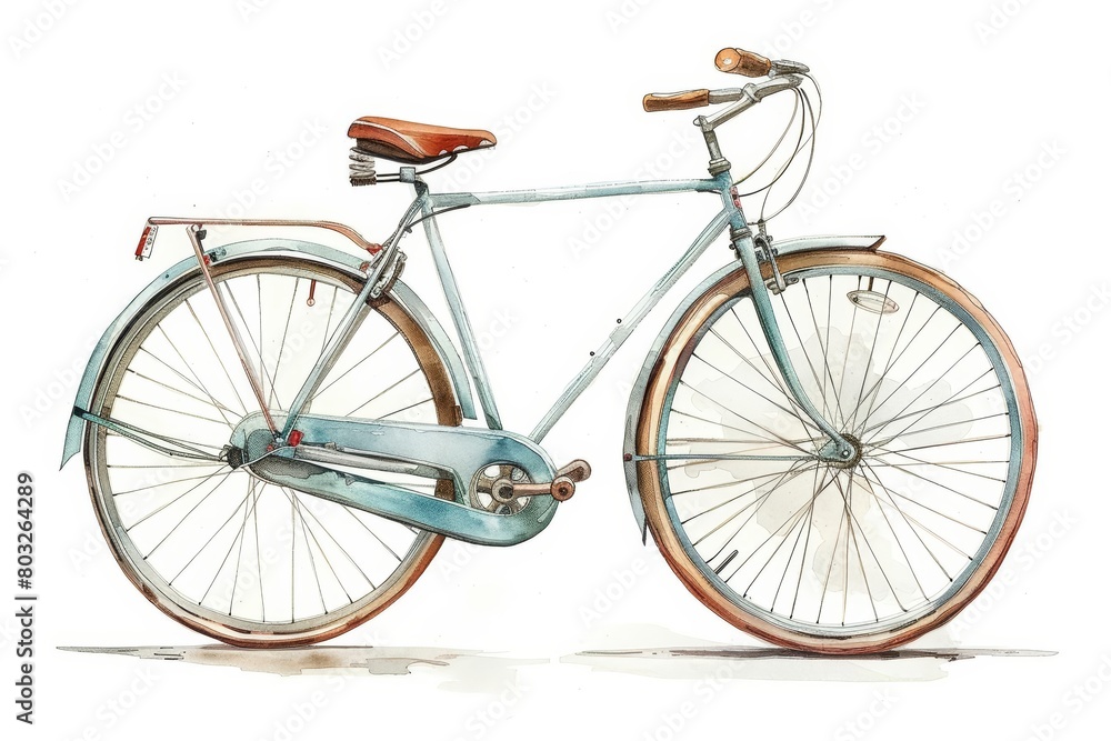 Watercolor painting of a vintage bicycle with a light blue frame, brown saddle and handlebars. The bicycle is leaning against a white wall.