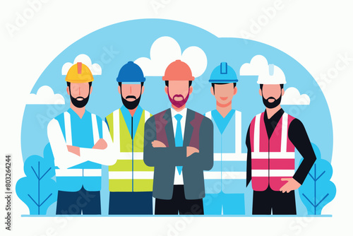 Diverse team of builders and an engineer posing confidently