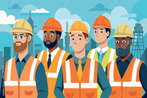 A team of constructors in hard hats against a city backdrop
