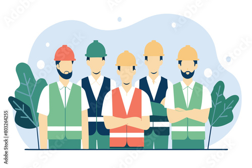 Five workers in hard hats and reflective vests posing together