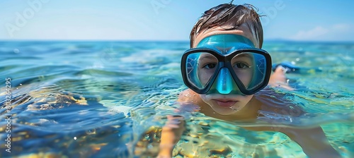 Adventurous young boy snorkeling in turquoise waters of secluded tropical paradise island