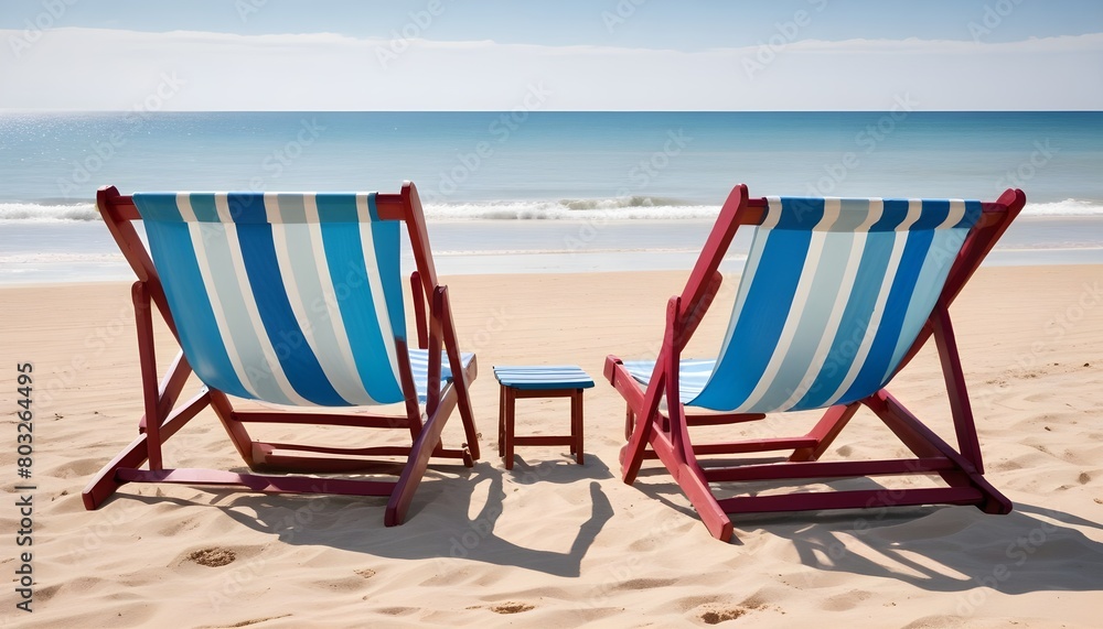 two empty deck chairs set up on a sandy beach two empty deck chairs set up on a sandy beach