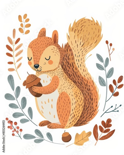 A cute squirrel sits on a branch, holding an acorn. The squirrel is surrounded by colorful leaves and flowers. The squirrel is brown and white, with a big bushy tail.