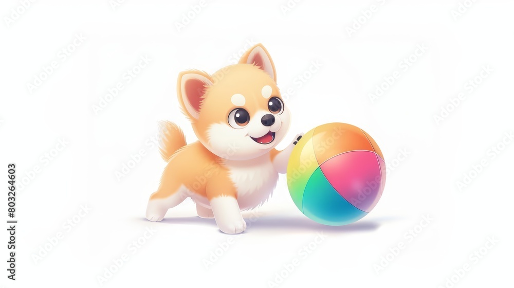 A cute cartoon Shiba Inu puppy playing with a rainbow ball A cute cartoon Shiba Inu puppy playing with a rainbow ball