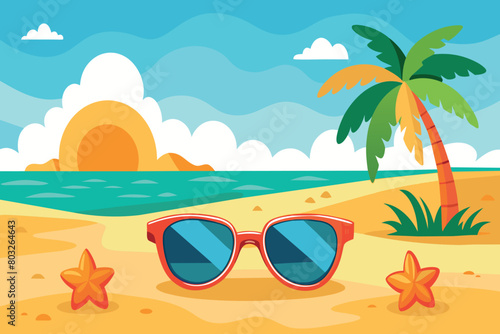 Sunset at a tranquil beach with starfish and sunglasses
