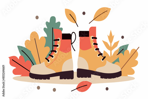 A pair of hiking boots with fall leaves and plants
