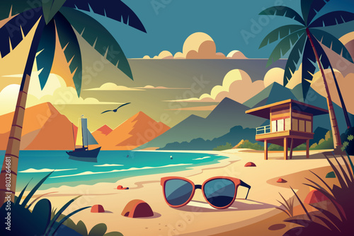 A tranquil beach scene at sunset with a lifeguard tower and sailboat