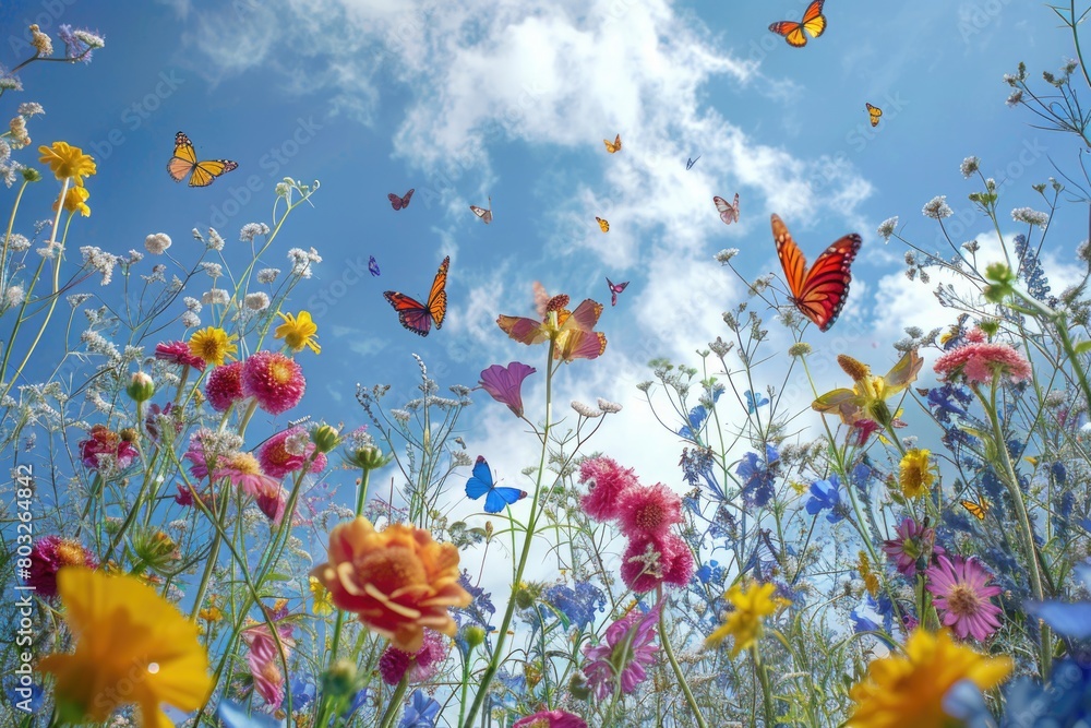 Vibrant field filled with colorful flowers and fluttering butterflies, perfect for nature and spring-themed designs