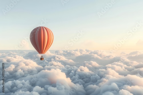 A hot air balloon floats high above the clouds