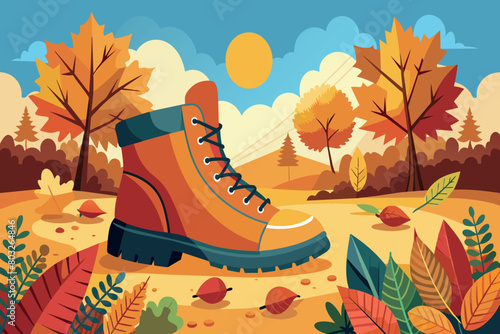 A giant hiking boot overlooks a fall forest landscape