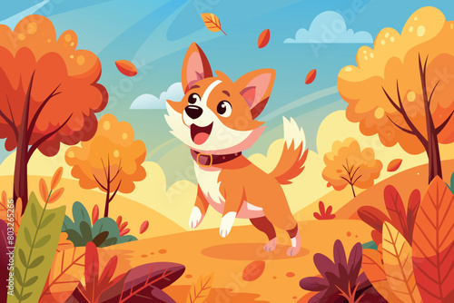 A joyful animated dog enjoys a playful romp among vibrant fall foliage