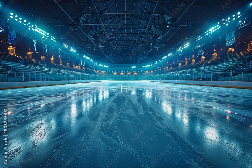 An empty modern ice hockey rink brightly lit showcasing the reflective icy surface and stadium seating An empty modern ice hockey rink brightly lit showcasing the reflective icy surface and stadium seating