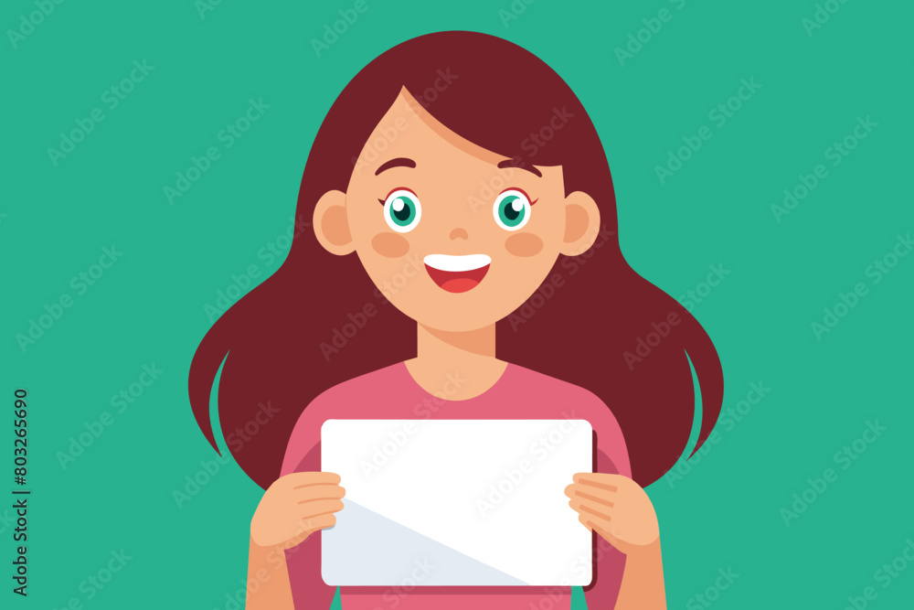 Smiling woman showcasing an empty sign for customization Smiling woman showcasing an empty sign for customization