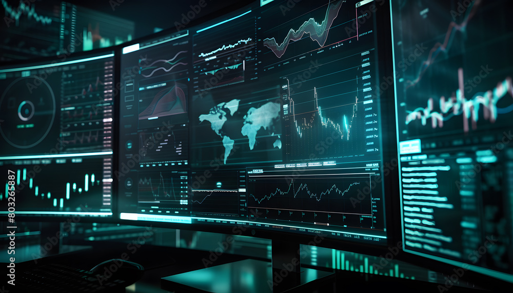Advanced Trading Desk with Multiple Computer Monitors Displaying Financial Data