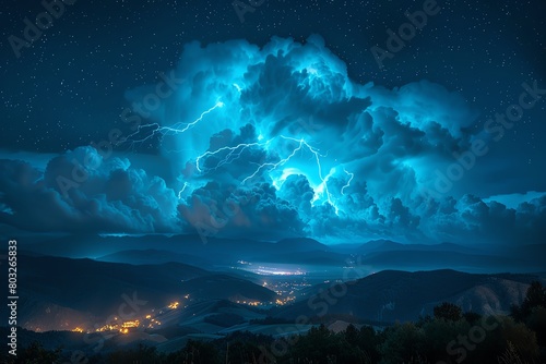 Lightning strike over mountains, night, high contrast, dynamic, powerful