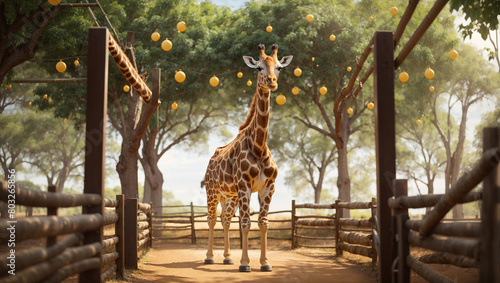 A tall giraffe is standing in front of a wooden fence