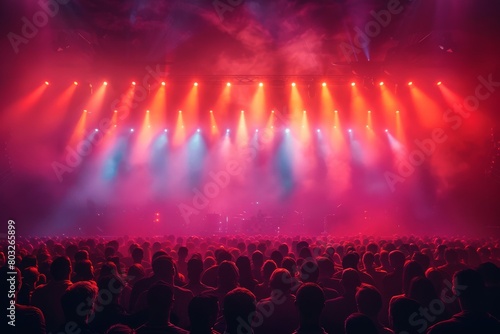 A sea of people is captured enjoying a live concert, with luminous stage lights casting vibrant colors over the enthusiastic crowd