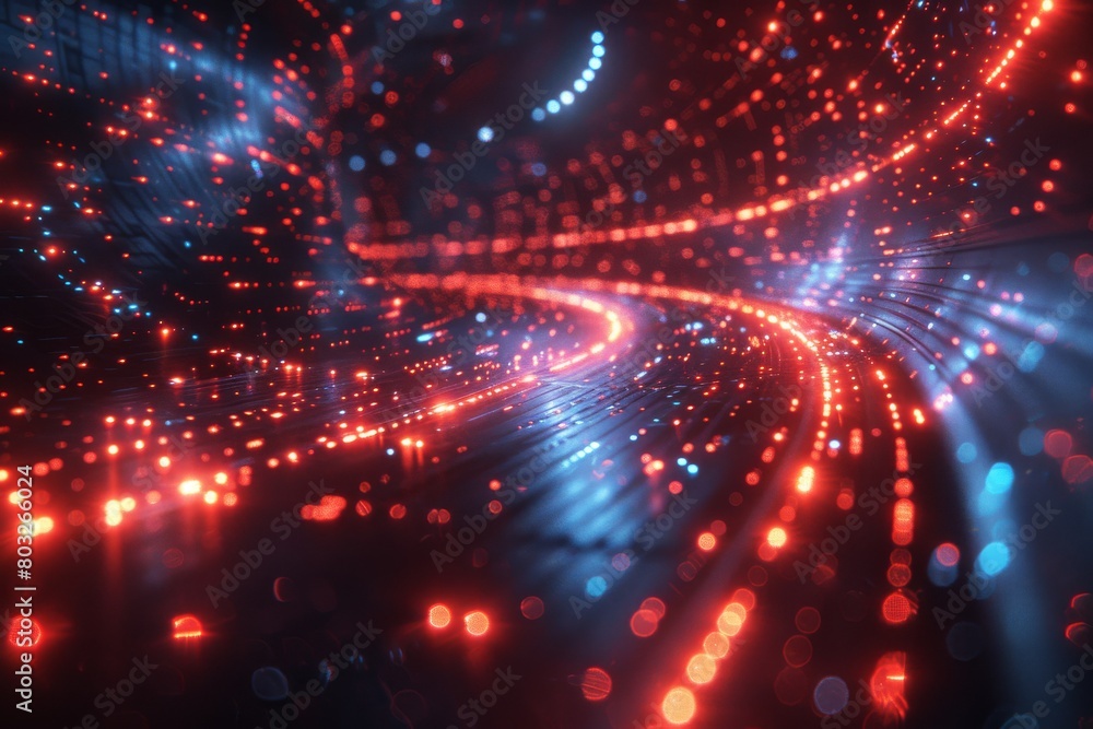 Red and blue light particles swirl in a bokeh effect, creating an abstract pattern that suggests energy and motion Red and blue light particles swirl in a bokeh effect, creating an abstract pattern that suggests energy and motion