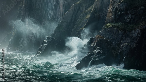 Dramatic coastal seascape with rugged cliffs and turbulent waves under a stormy sky
