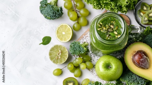 The image shows a variety of green fruits and vegetables, including broccoli, grapes, lettuce, avocado, spinach, kiwi, apple and lime.