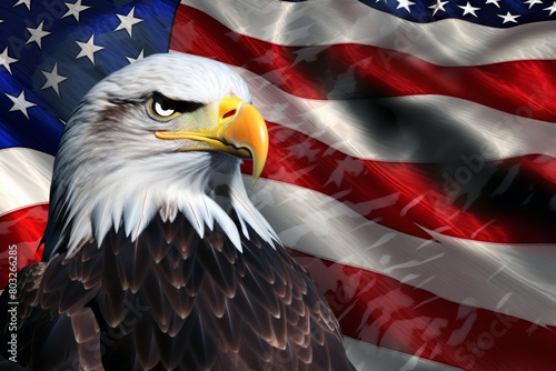 A bald eagle stands in front of the American flag