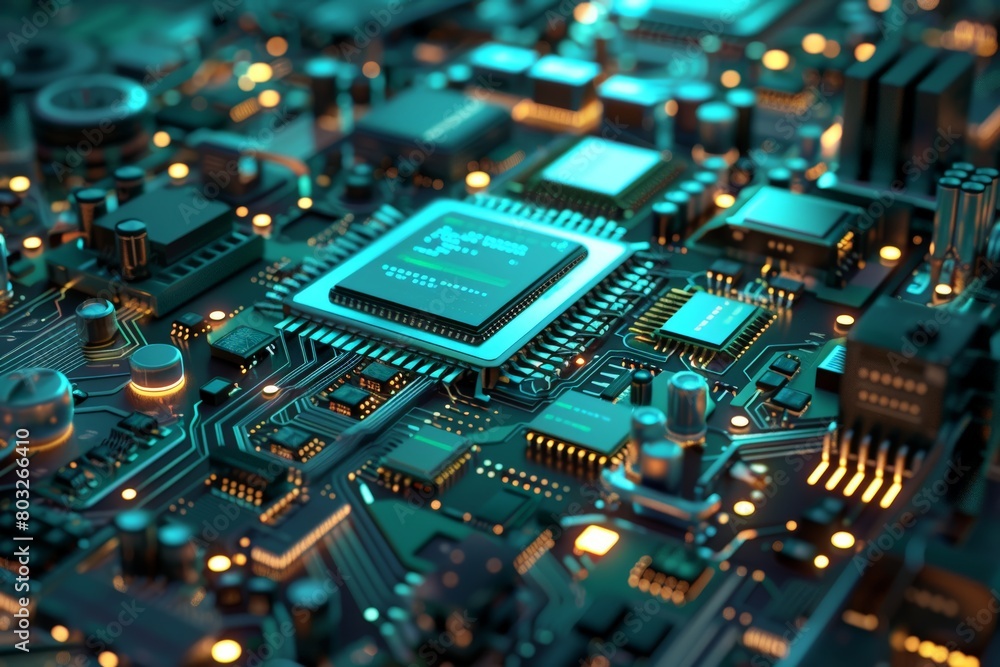 Detailed view of a computer chip, showing intricate circuitry and components under magnification Detailed view of a computer chip, showing intricate circuitry and components under magnification
