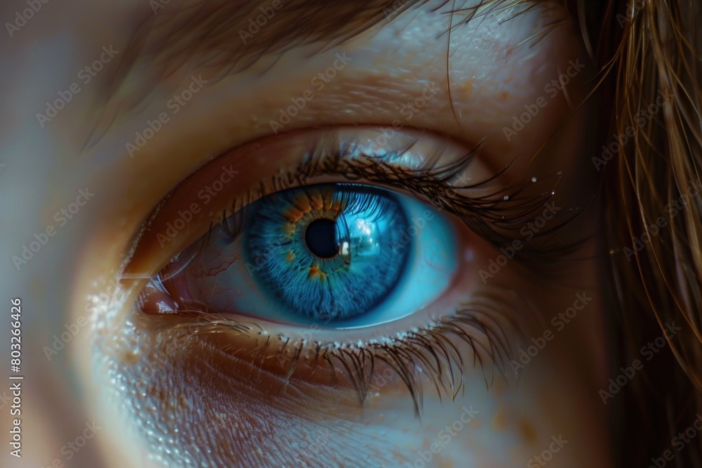 Fototapeta premium A detailed close-up of a person's blue eye. Suitable for medical and beauty concepts