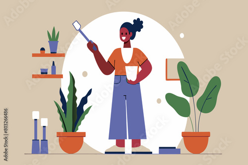Cheerful woman taking a selfie in a cozy room with plants