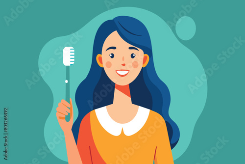 A cheerful woman with a toothbrush prepares for dental care