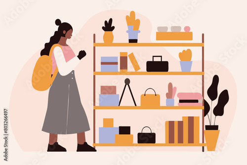 A shopper examines products on a shelf, considering a purchase