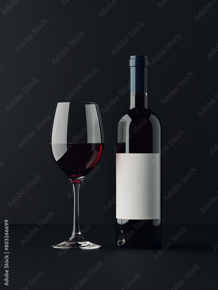A bottle of wine with white labeland a wine glass are on a table, black background A bottle of wine with white labeland a wine glass are on a table, black background