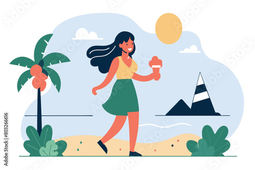 Smiling woman with ice cream strolling by the sea under a clear sky