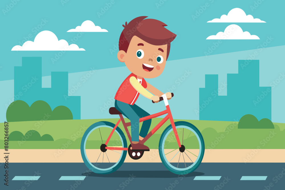 Cheerful boy enjoys a bike ride in urban setting